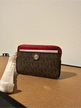 Michael Kors Brown Logo Card Case with Red Trim and Gold MK Emblem